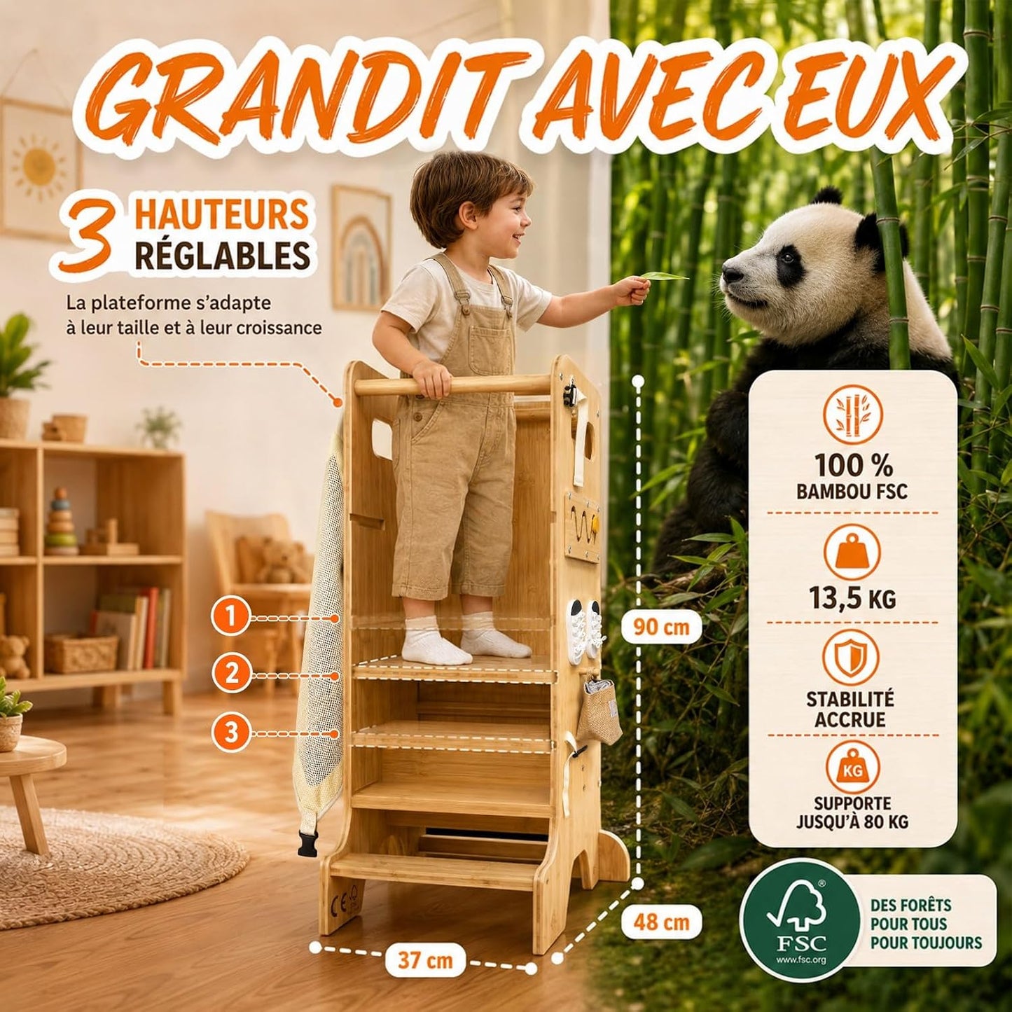 Tour d Observation Enfant 5 en 1 en Bambou Écologique Tour d'observation Montessori pour Bébé avec Tableau Noir Transformable en Rampe - Apprentissage, Évolutive, Réglable