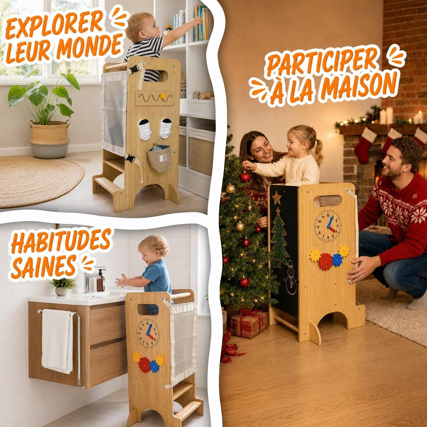 Tour d Observation Enfant 5 en 1 en Bambou Écologique Tour d'observation Montessori pour Bébé avec Tableau Noir Transformable en Rampe - Apprentissage, Évolutive, Réglable