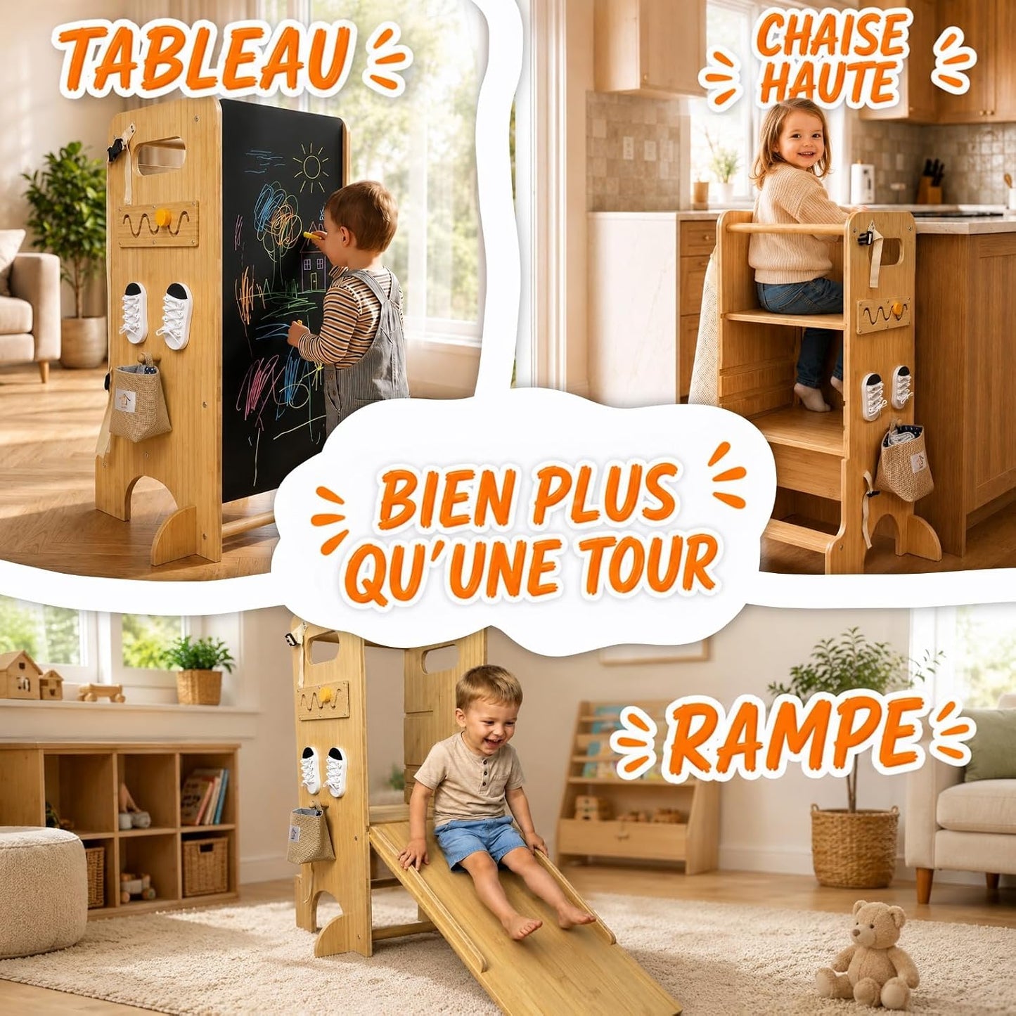 Tour d Observation Enfant 5 en 1 en Bambou Écologique Tour d'observation Montessori pour Bébé avec Tableau Noir Transformable en Rampe - Apprentissage, Évolutive, Réglable