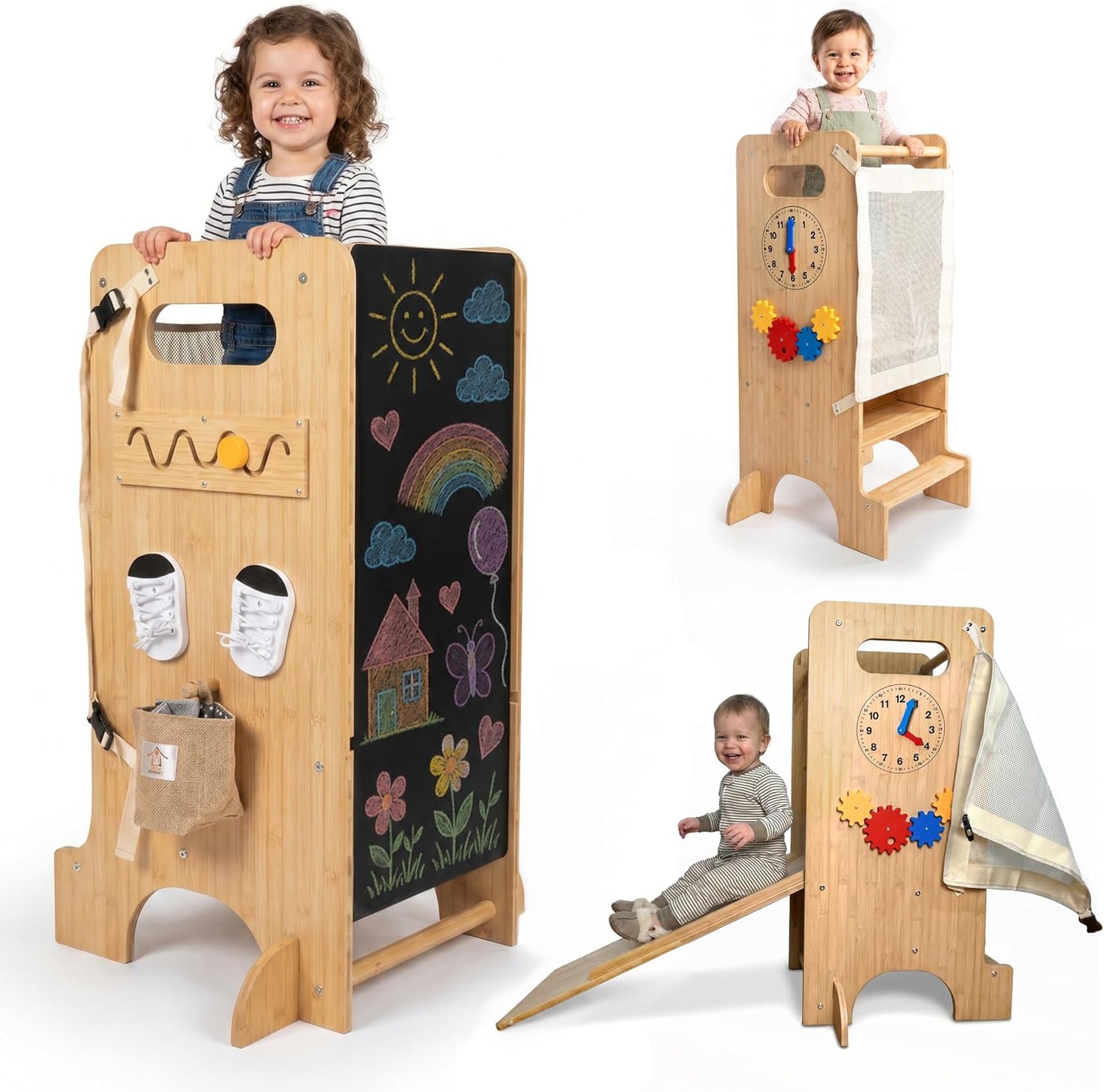 Tour d Observation Enfant 5 en 1 en Bambou Écologique Tour d'observation Montessori pour Bébé avec Tableau Noir Transformable en Rampe - Apprentissage, Évolutive, Réglable